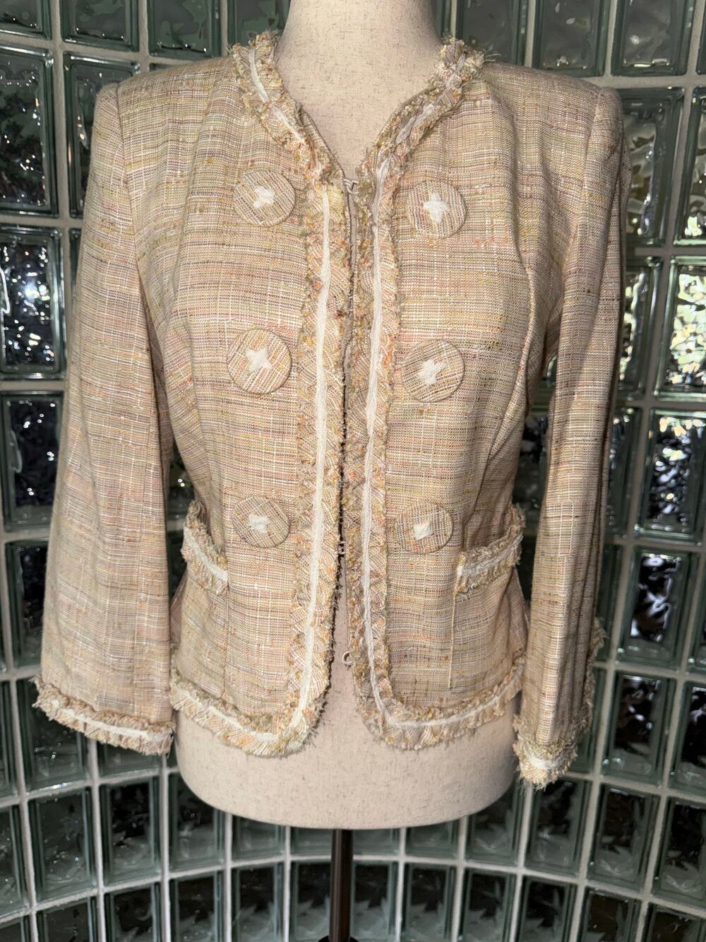 D Studio Short Blazer/Jacket Linen Blend Lined 3/4 Sleeve Pockets - OE